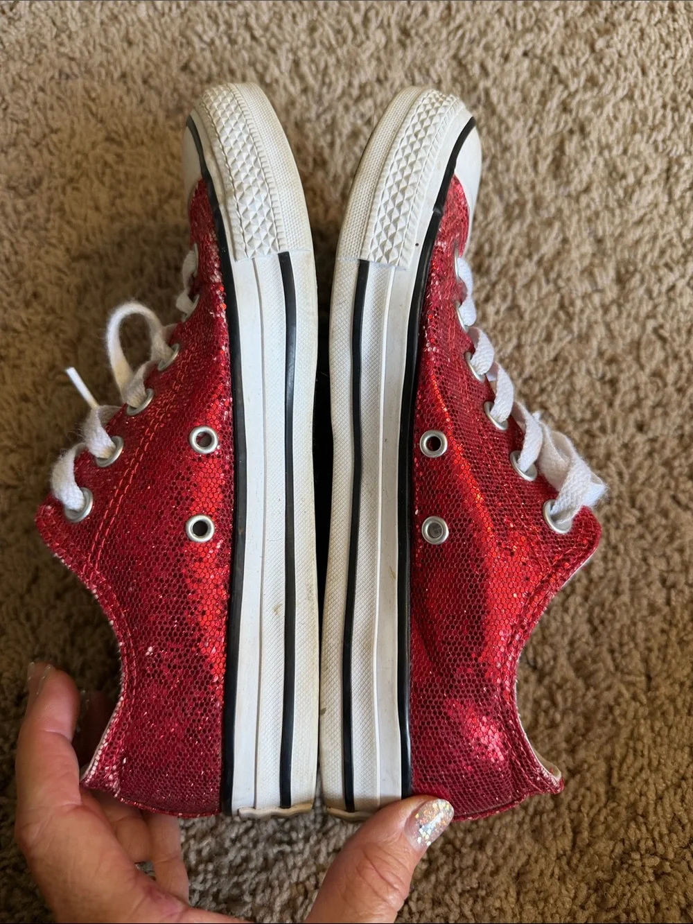 Converse All-Stars red , glitter shoes, ladies size 7